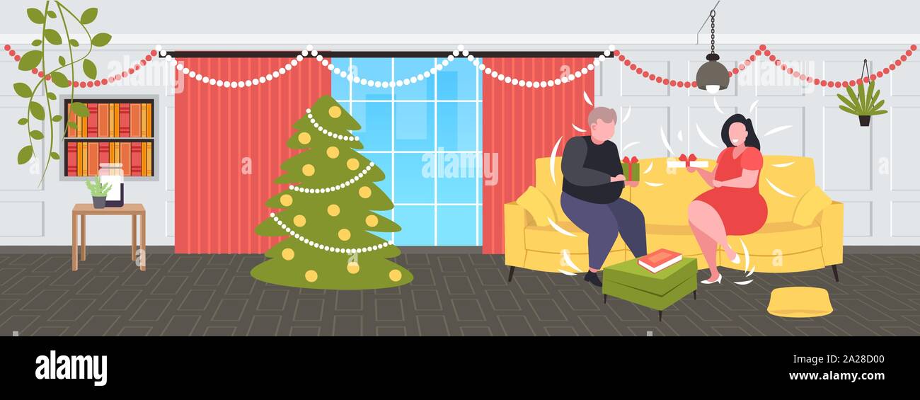 Fett Übergewicht paar Überraschungen geben, Geschenkboxen zu jedem anderen beleibten Mann Frau sitzt auf der Couch urlaub Feier Fettleibigkeit Konzept modernes Leben Stock Vektor