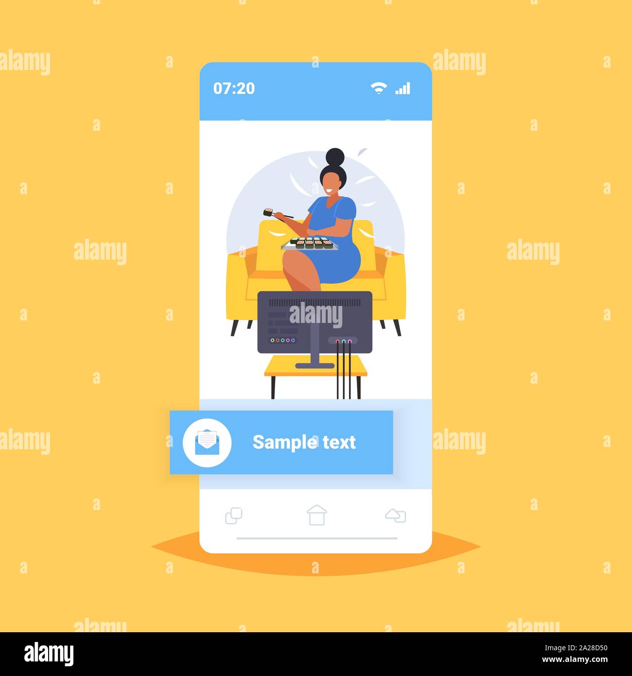 Fat beleibte Frau Sushi essen übergewichtige Mädchen auf Sessel sitzt Fernsehen Übergewicht ungesunde Ernährung Konzept der Bildschirm des Smartphones online mobile App Stock Vektor