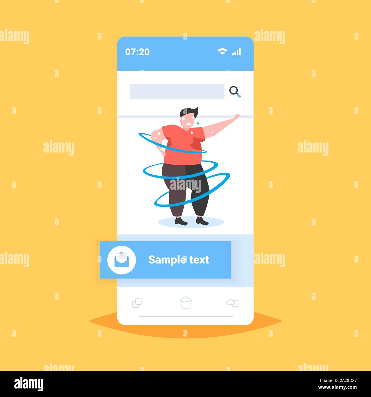 Fat beleibten Mann tanzen Übergewicht verschwitzten Kerl cardio Training Gewicht Verlust Konzept der Bildschirm des Smartphones online mobile App Flachbild in voller Länge darstellen Stock Vektor