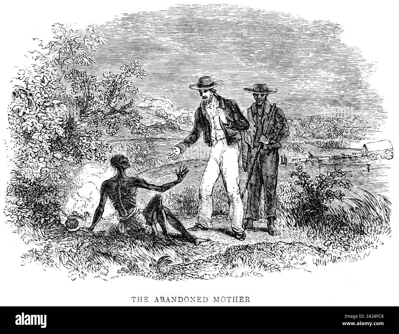 Illustration von Robert Moffat, der einer alten Frau, die von ihren Kindern in Südafrika zum Sterben zurückgelassen wurde, in hoher Auflösung aus einem Buch geholfen hat.gedruckt 1842. Stockfoto