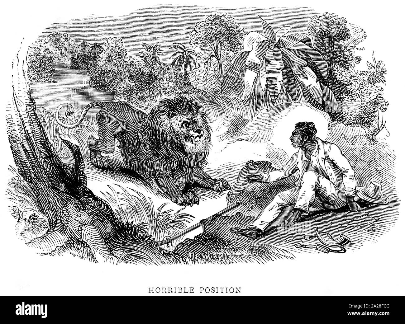 Eine Abbildung eines Mannes in Südafrika an der Bucht mit einem Löwen bei hoher Auflösung aus einem Buch gescannt von Robert Moffat im Jahre 1842 gedruckt. Stockfoto