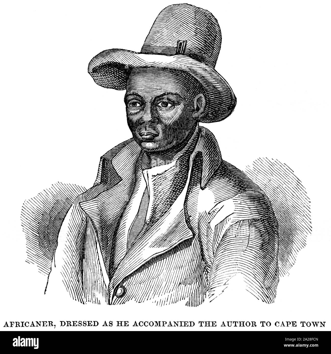 Eine Abbildung eines Africaner (Afrikaner) in Südafrika gescannt und in hoher Auflösung aus einem Buch von Robert Moffat im Jahre 1842 gedruckt. Stockfoto