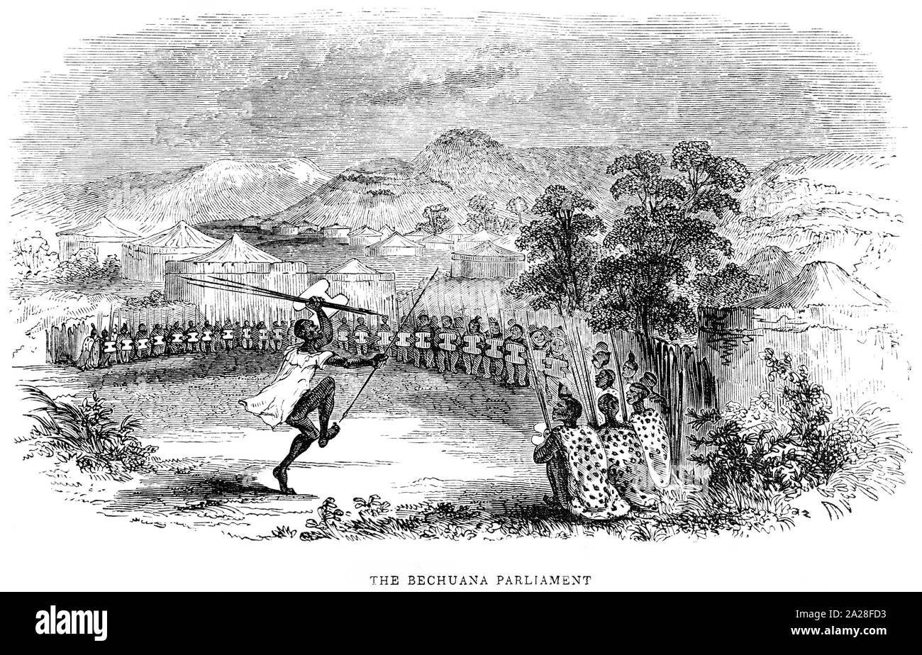 Eine Abbildung der Bechuana Parlament in Südafrika gescannt und in hoher Auflösung aus einem Buch von Robert Moffat im Jahre 1842 gedruckt. Stockfoto