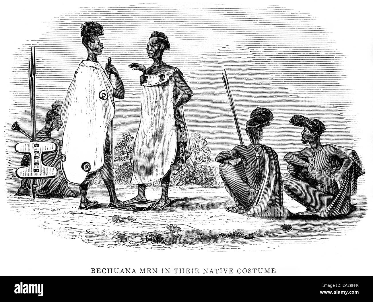 Eine Abbildung der Bechuana Männer in ihren nativen Kostüm in Südafrika gescannt und in hoher Auflösung aus einem Buch von Robert Moffat im Jahre 1842 gedruckt. Stockfoto
