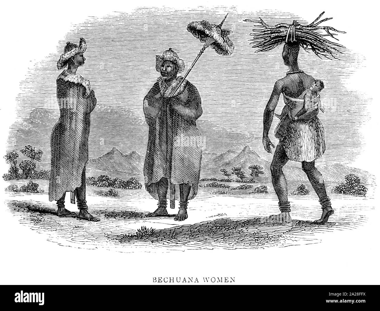 Eine Abbildung der Bechuana Frauen in Südafrika gescannt und in hoher Auflösung aus einem Buch von Robert Moffat im Jahre 1842 gedruckt. Stockfoto