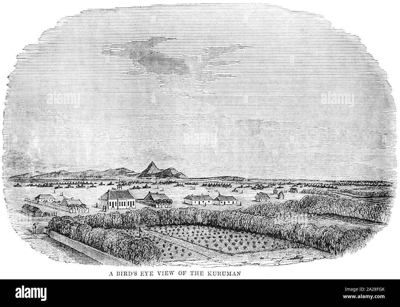 Ein Beispiel für eine Sicht aus der Vogelperspektive Kuruman in Südafrika gescannt und in hoher Auflösung aus einem Buch von Robert Moffat im Jahre 1842 gedruckt. Stockfoto