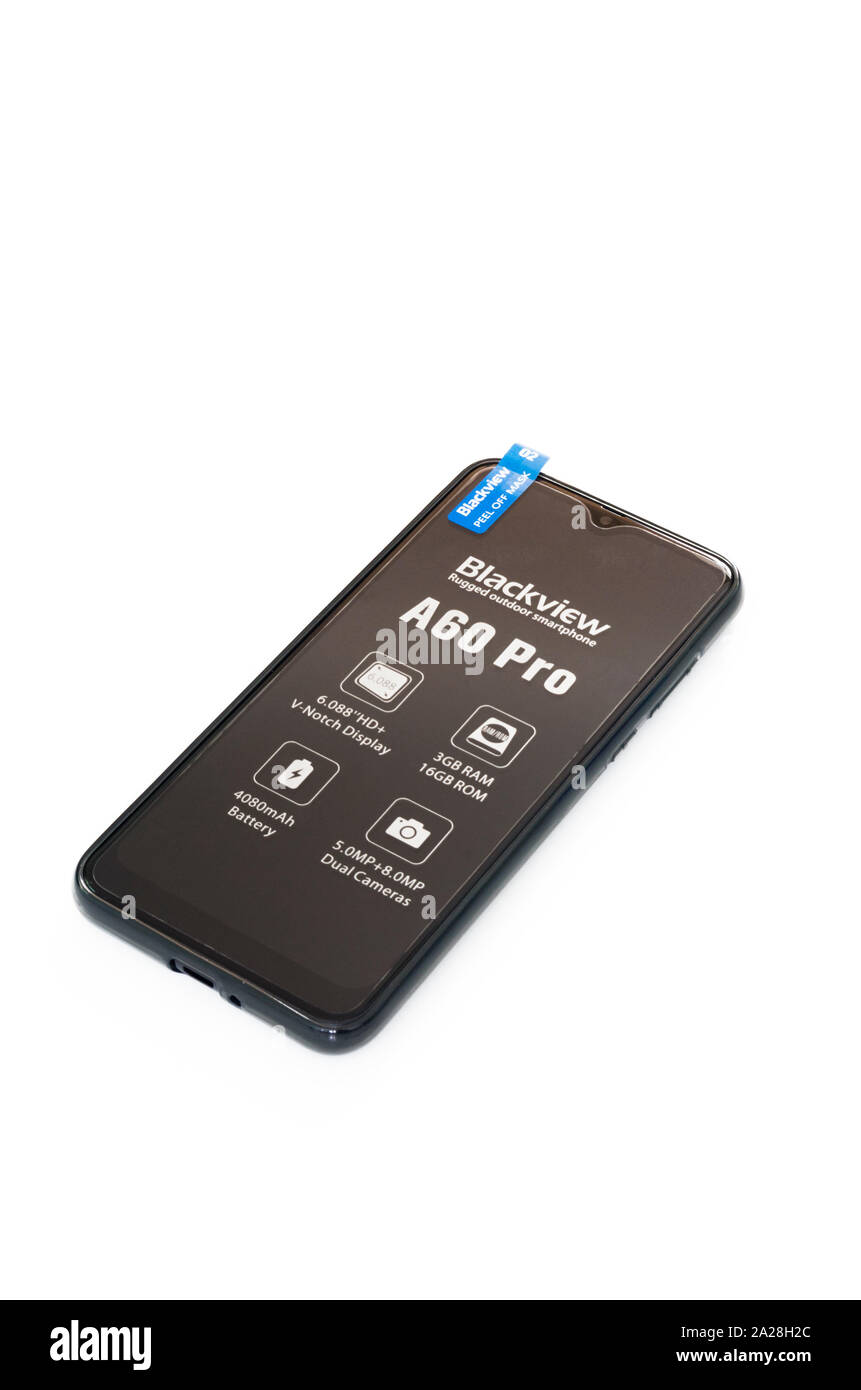 Blackview 60 Pro Smartphone auf weißem Hintergrund Stockfoto