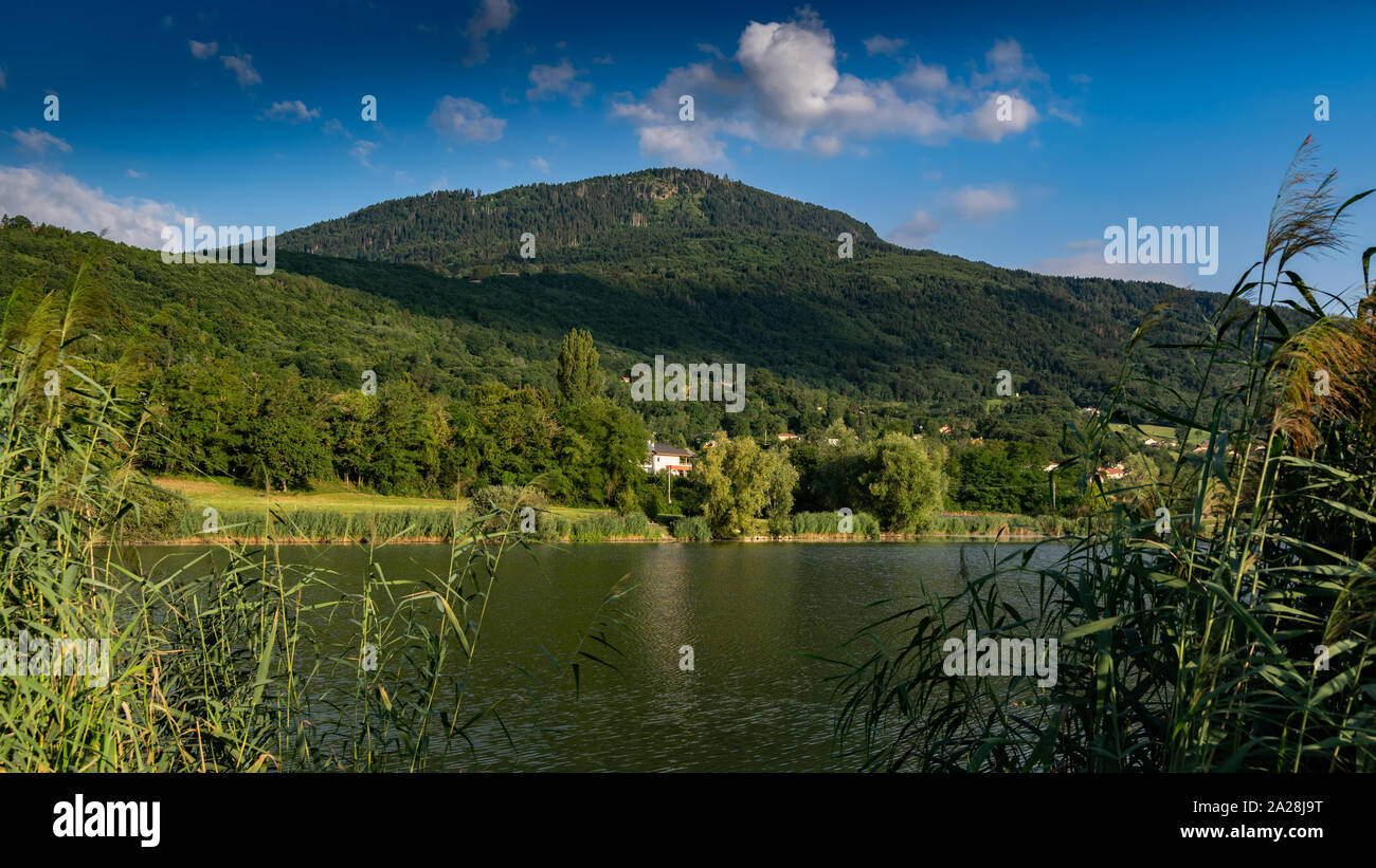 Blick auf den See, Wald, Berge und blauer Himmel mit Wolken, Schärfenebene im Zentrum. See Machilly, Le Signal des Voirons Bergspitze, Haute-Savoie Stockfoto