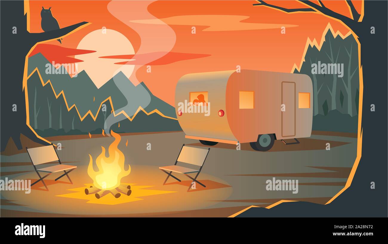 Camping Landschaft mit Camper, Silhouetten Liebespaar im Anhänger, Berge, Wald und Lagerfeuer am Abend, Sonnenuntergang, Erholung im Freien Stock Vektor