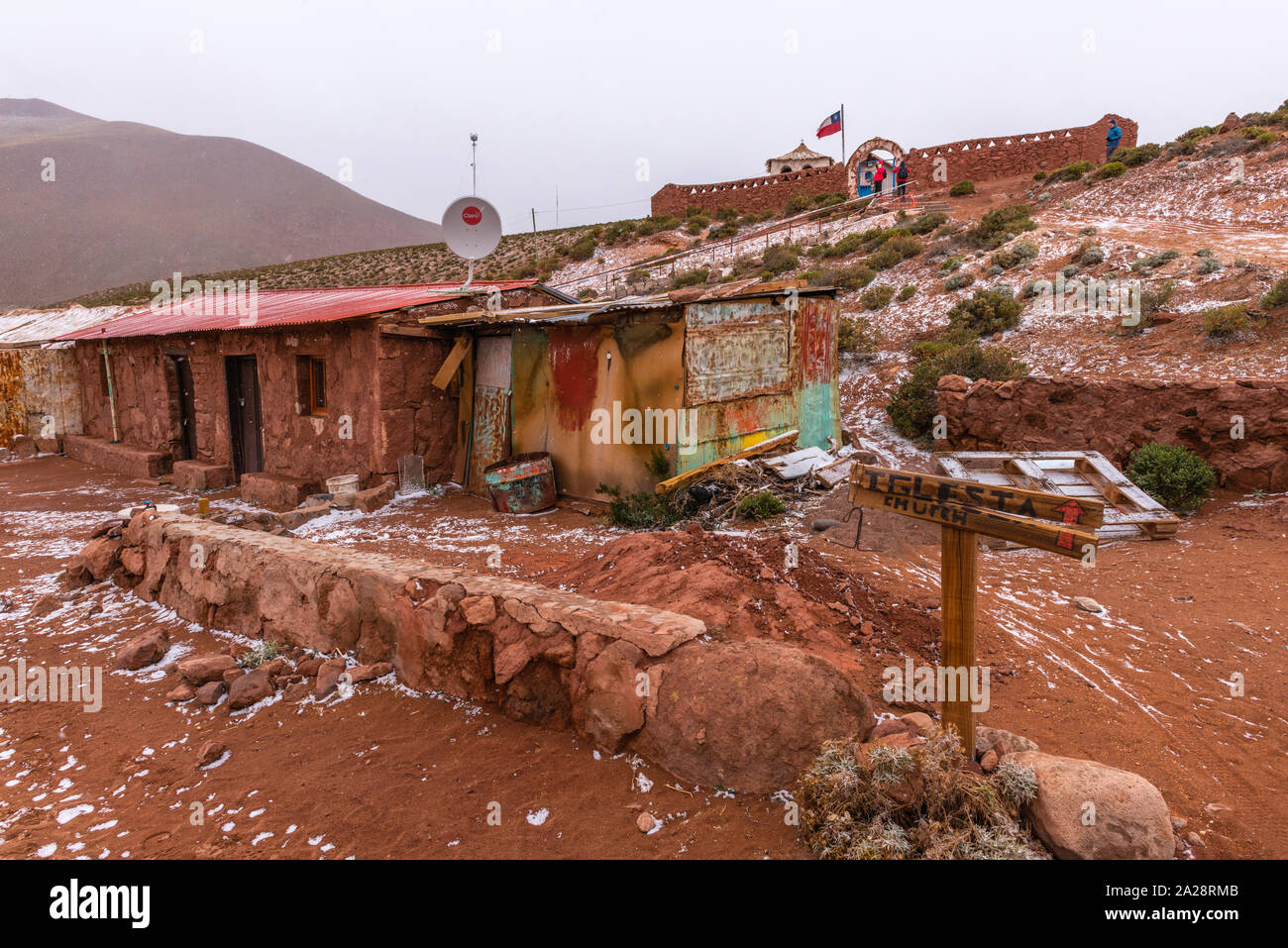 Leichter Schneefall in den Anden Dorf Machuca, Höhe über 4.000 m, San Pedro de Atacama, Región de Antofagasta, Chile, Lateinamerika Stockfoto