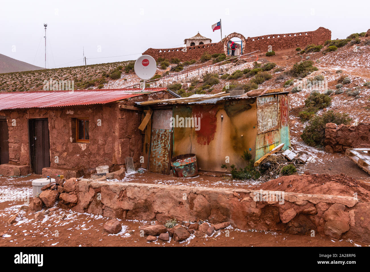 Leichter Schneefall in den Anden Dorf Machuca, Höhe über 4.000 m, San Pedro de Atacama, Región de Antofagasta, Chile, Lateinamerika Stockfoto