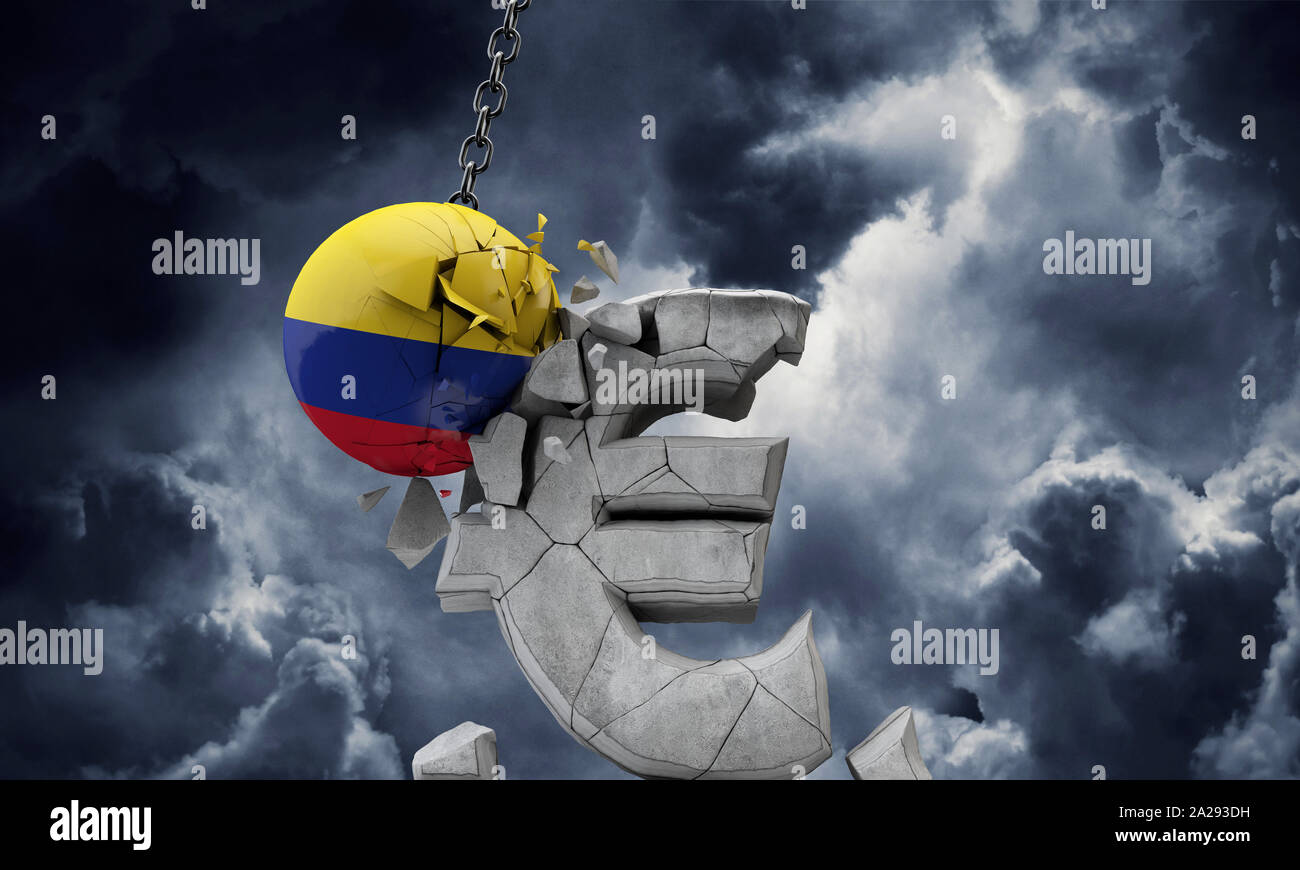 Kolumbien Flagge Ball Zerschlagung einer europäischen Währung Euro Symbol. 3D-Rendering Stockfoto