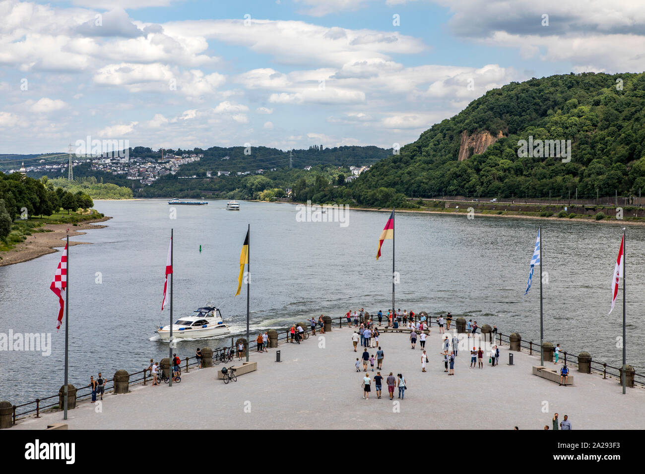 Koblenz, Deutsches Eck, Zusammenfluss von Mosel und Rhein, Deutschland Stockfoto