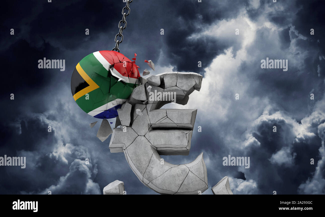 Südafrika Flagge Ball Zerschlagung einer europäischen Währung Euro Symbol. 3D-Rendering Stockfoto