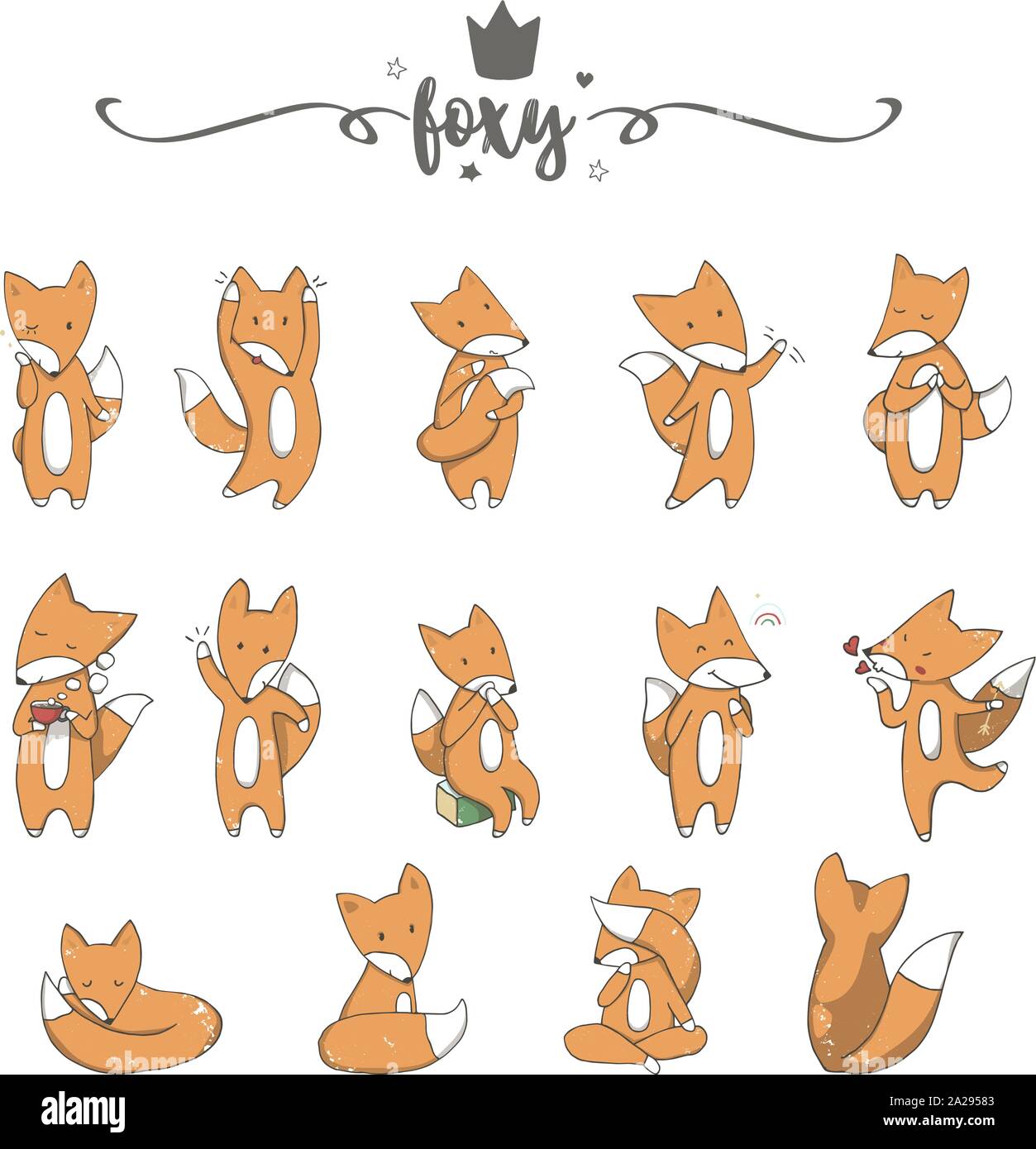 Süße rote Füchse, die verschiedene Emotionen und Handlungen. Lachen