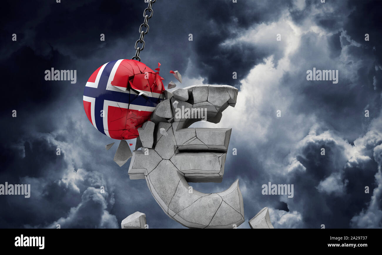 Norwegen Flagge Ball Zerschlagung einer europäischen Währung Euro Symbol. 3D-Rendering Stockfoto