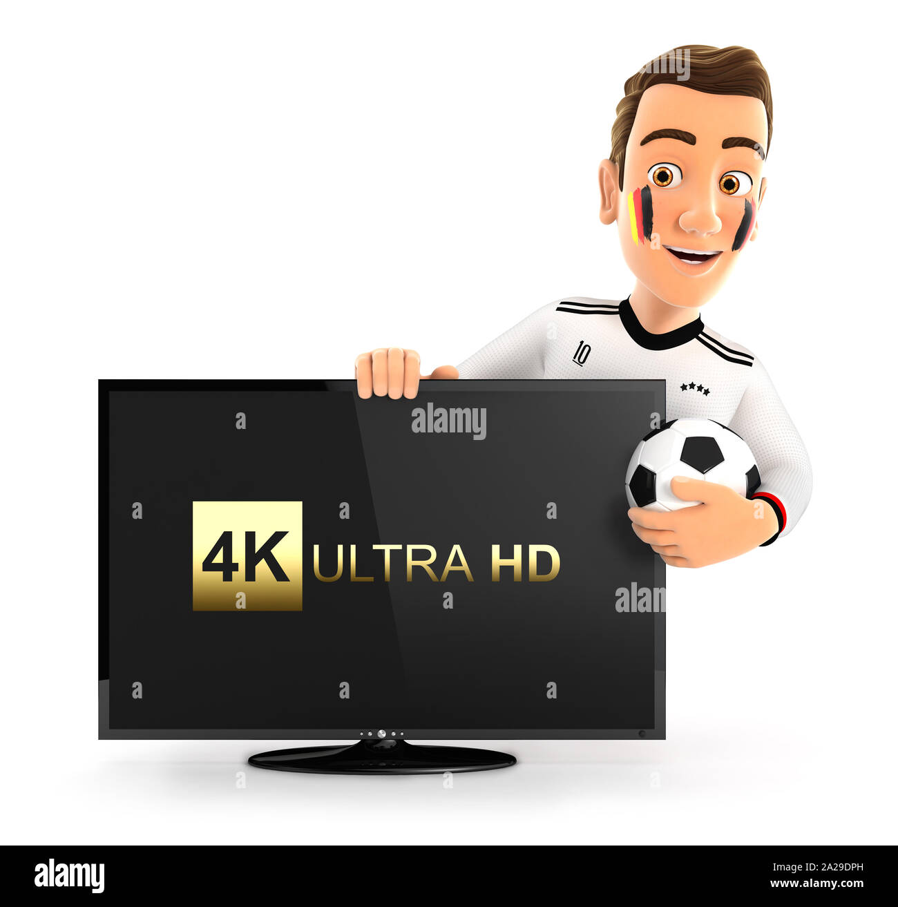 3d deutsche Fußball-Fan mit 4K Ultra HD-Fernseher, Illustration mit isolierten weißen Hintergrund Stockfoto