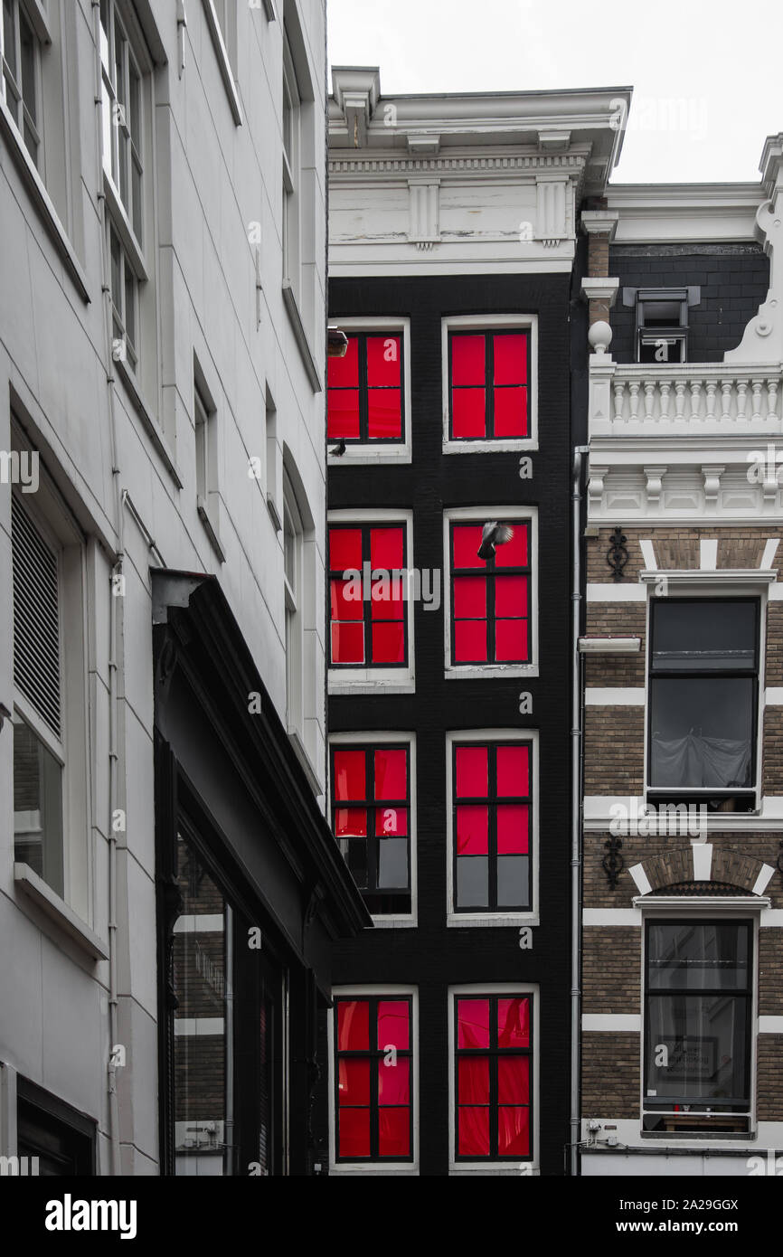 Roten Fenstern in Amsterdam auf einer schmalen Fassade Stockfoto