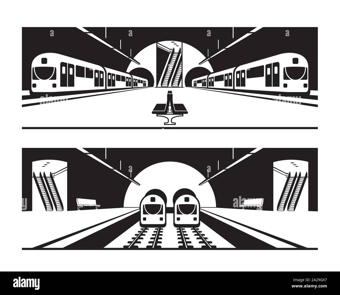 Verschiedenen U-Bahn Stationen mit Zügen - Vector Illustration Stock Vektor