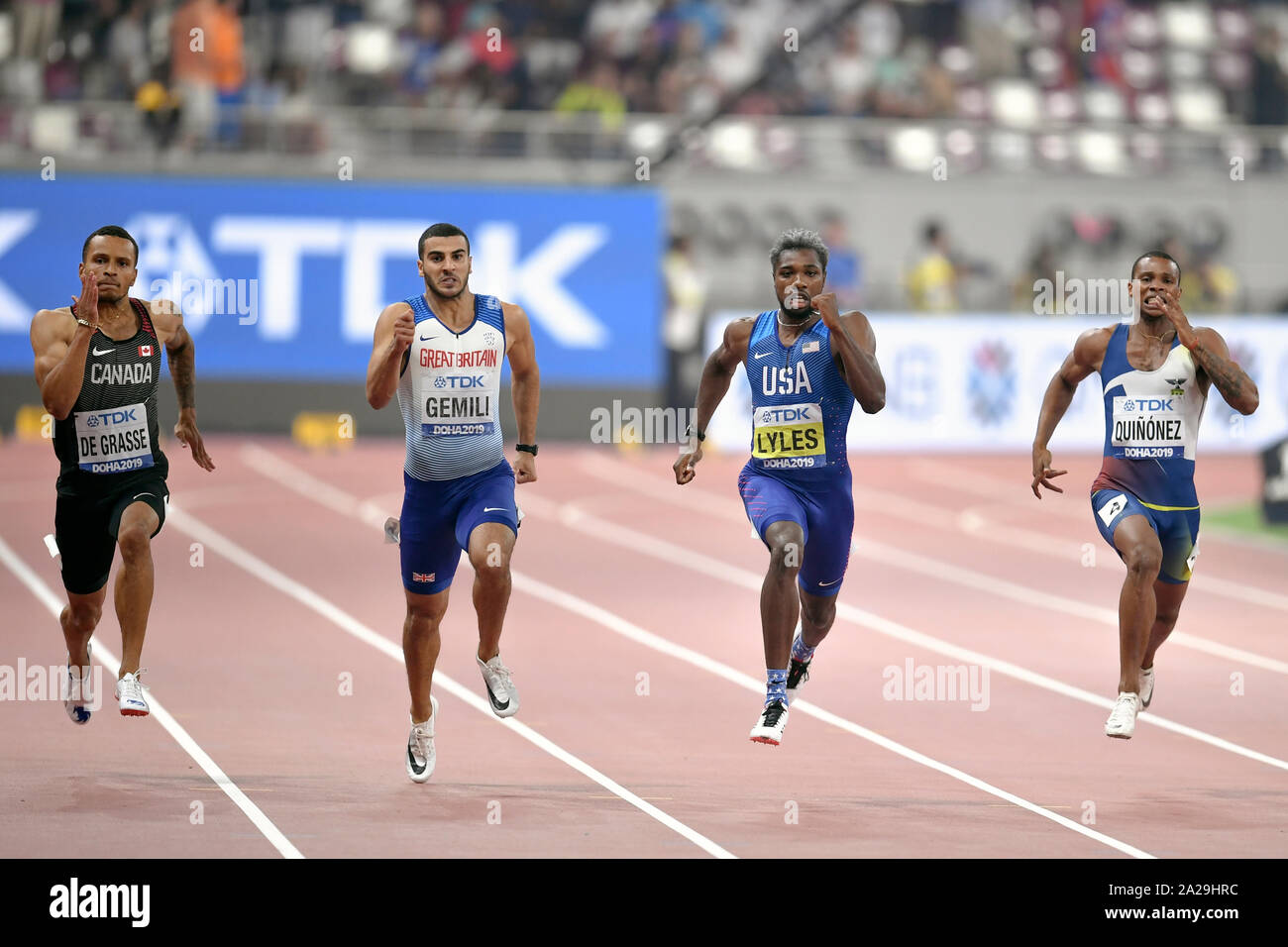 Noah Lyles (Gold, USA), Alex Quiñonez (Bronze, Ecuador), Andre de Grasse (Silber, Kanada), Adam Gemili (Großbritannien). 200 m Finale. IAAF Leichtathletik WM, Doha 2019 Stockfoto