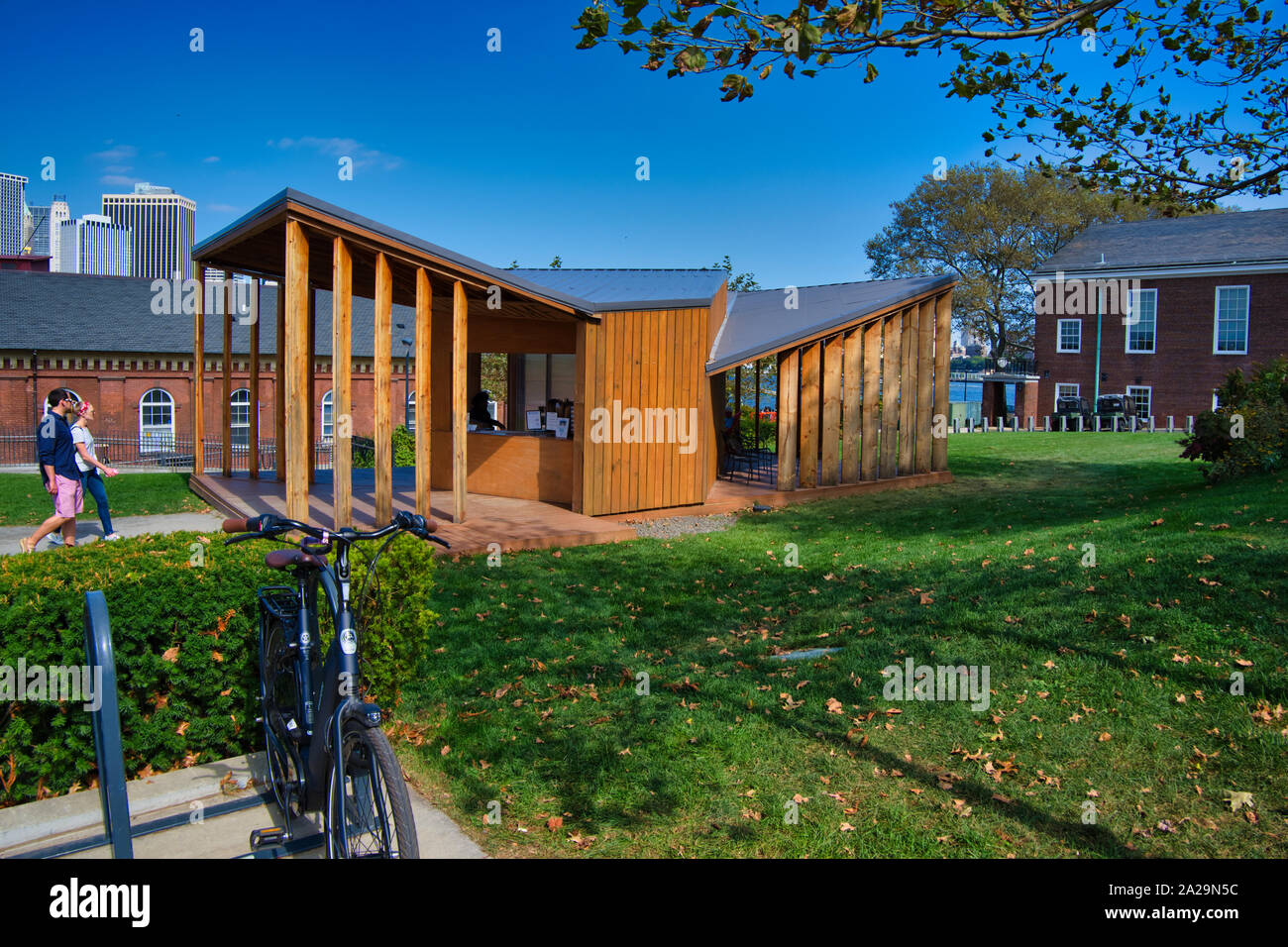 Informationen Stand auf Governors Island Stockfoto