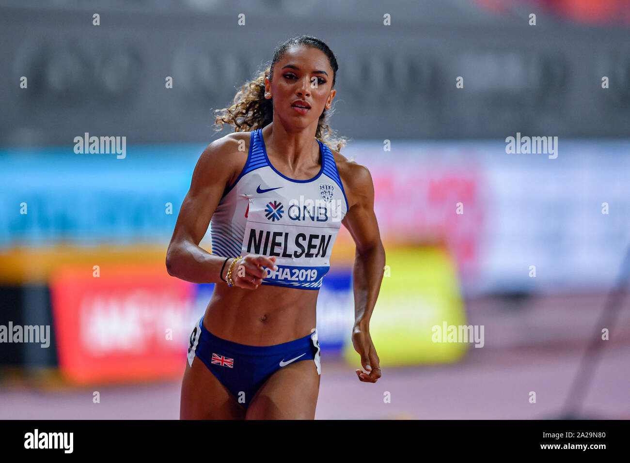 DOHA, Katar. 01 Okt, 2019. Laviai Nielsen Großbritannien konkurriert in Frauen 400m Halbfinale - Hitze 1/3 bei Tag 5 der IAAF Leichtathletik WM - Doha 2019 bei Khalifa International Stadium am Dienstag, Oktober 01, 2019 in Doha, Katar. Credit: Taka G Wu/Alamy leben Nachrichten Stockfoto