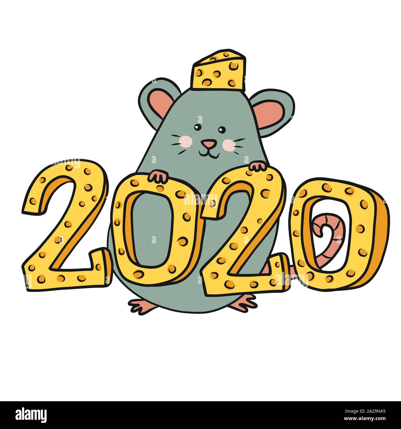 2020 Jahr der Ratte mit Käse cartoon Vector Illustration Stock Vektor