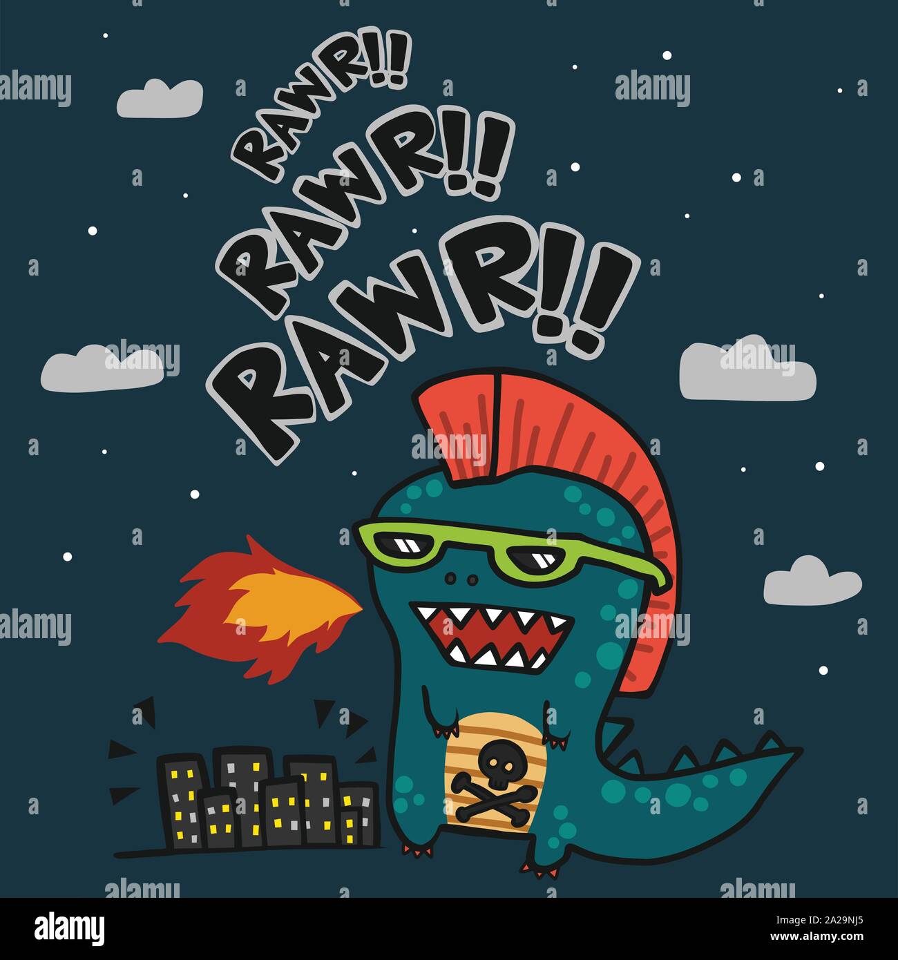 Punk Godzilla Angriff Stadt Cartoon Vektor Illustration Stock Vektor