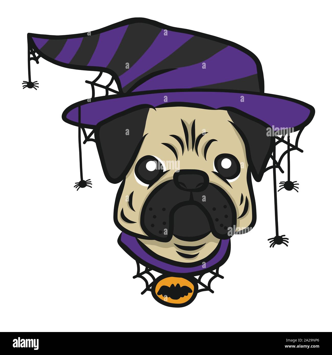 Pug verschleiß Hexenhut und Spinnen Happy Halloween mit Vollmond cartoon Vector Illustration Stock Vektor