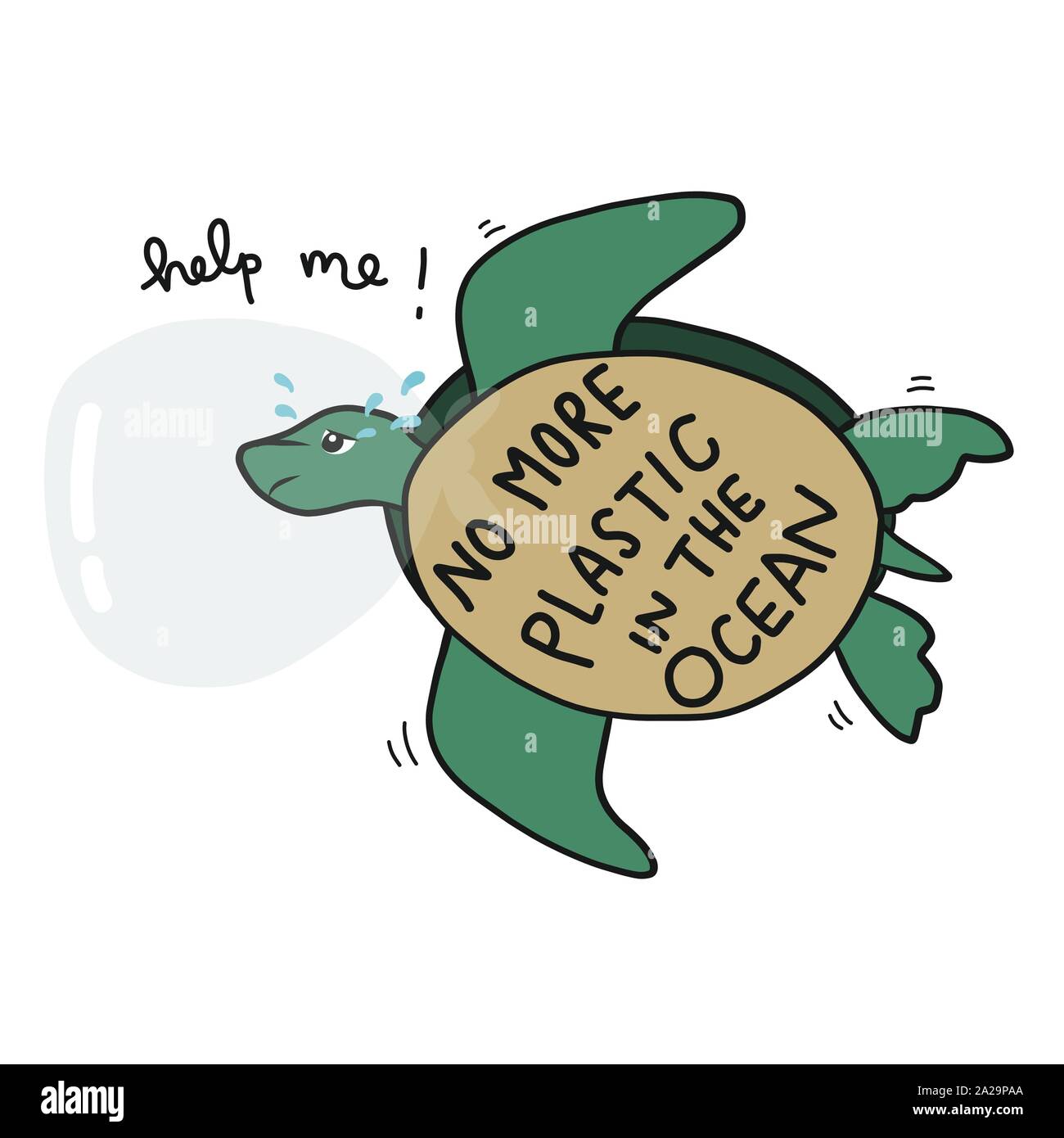 Kein Plastik mehr im Meer, Meeresschildkröten weinen, weil Kunststoff Kopf schlug in Kunststoff Bah und bitten um Hilfe Cartoon Vektor Illustration Stock Vektor