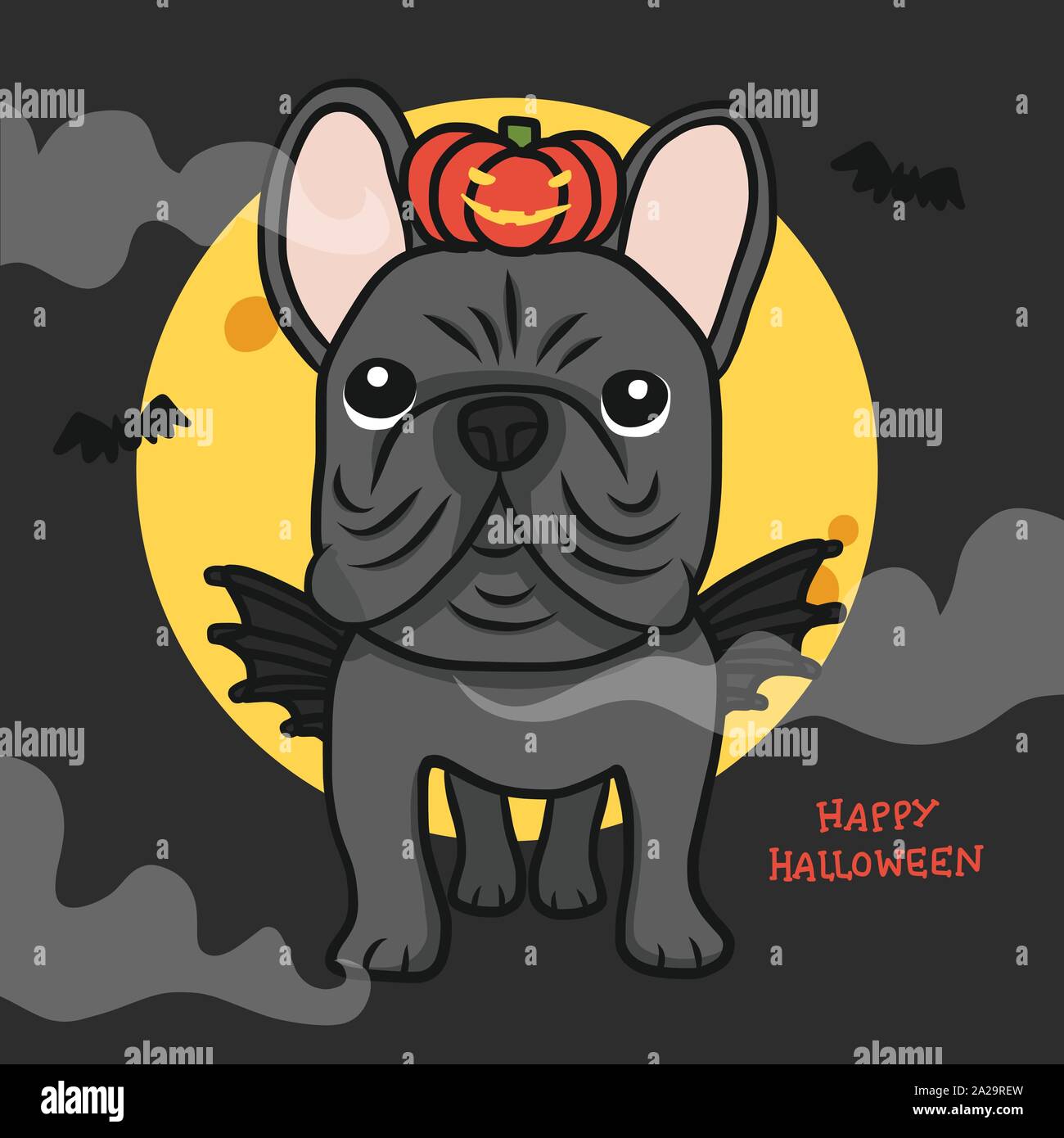 Französische Bulldogge mit Flügel und Kürbis monster Full moon Happy Halloween cartoon Vector Illustration Stock Vektor