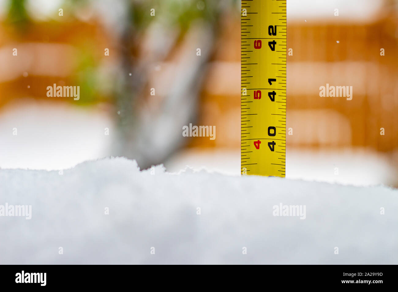 Die Messung der Schneehöhe mit Lineal 40 Fuß Stockfoto