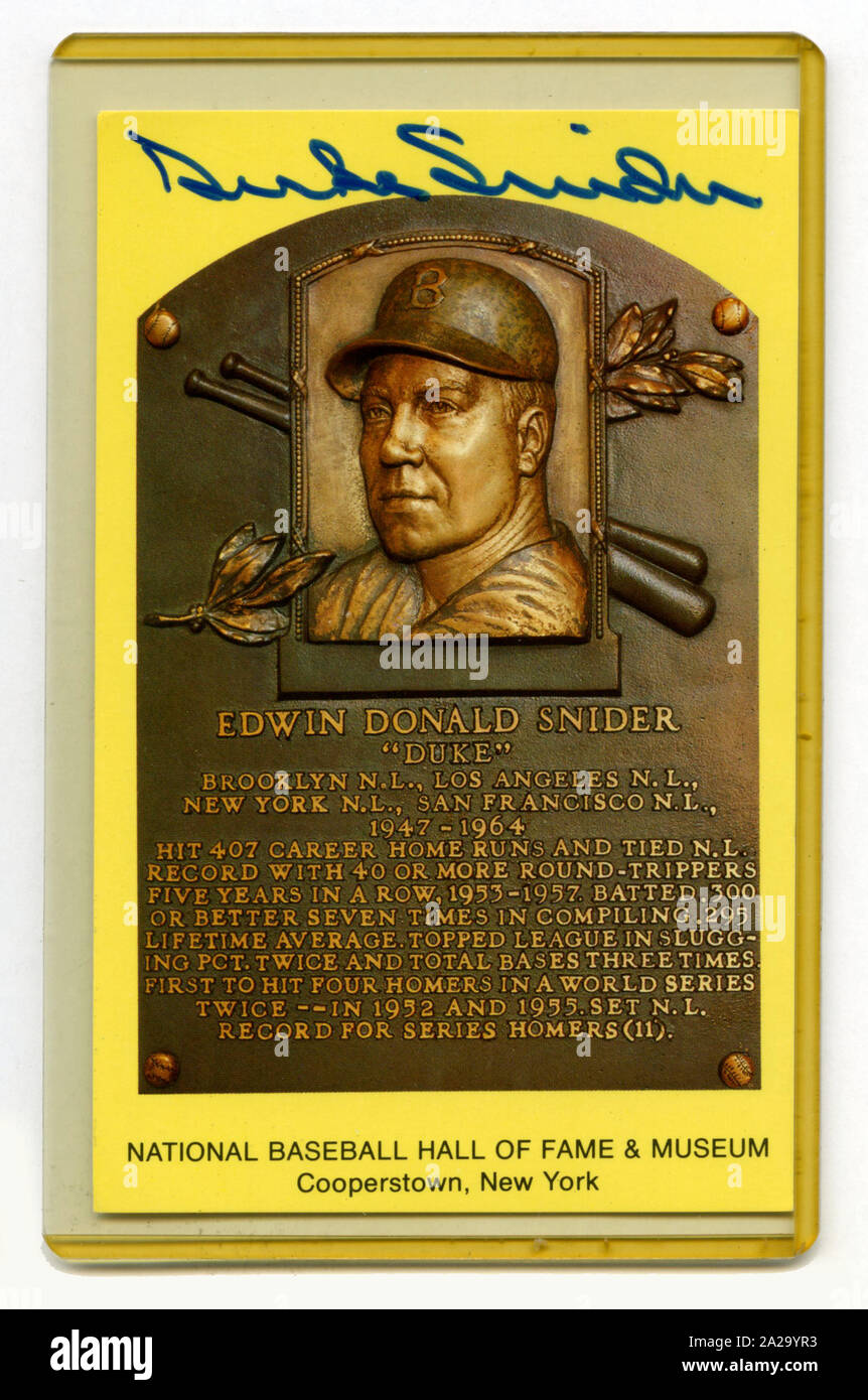 National Baseball Hall of Fame autographierte souvenir Postkarte, die Plakette des Herzogs Snider Stockfoto