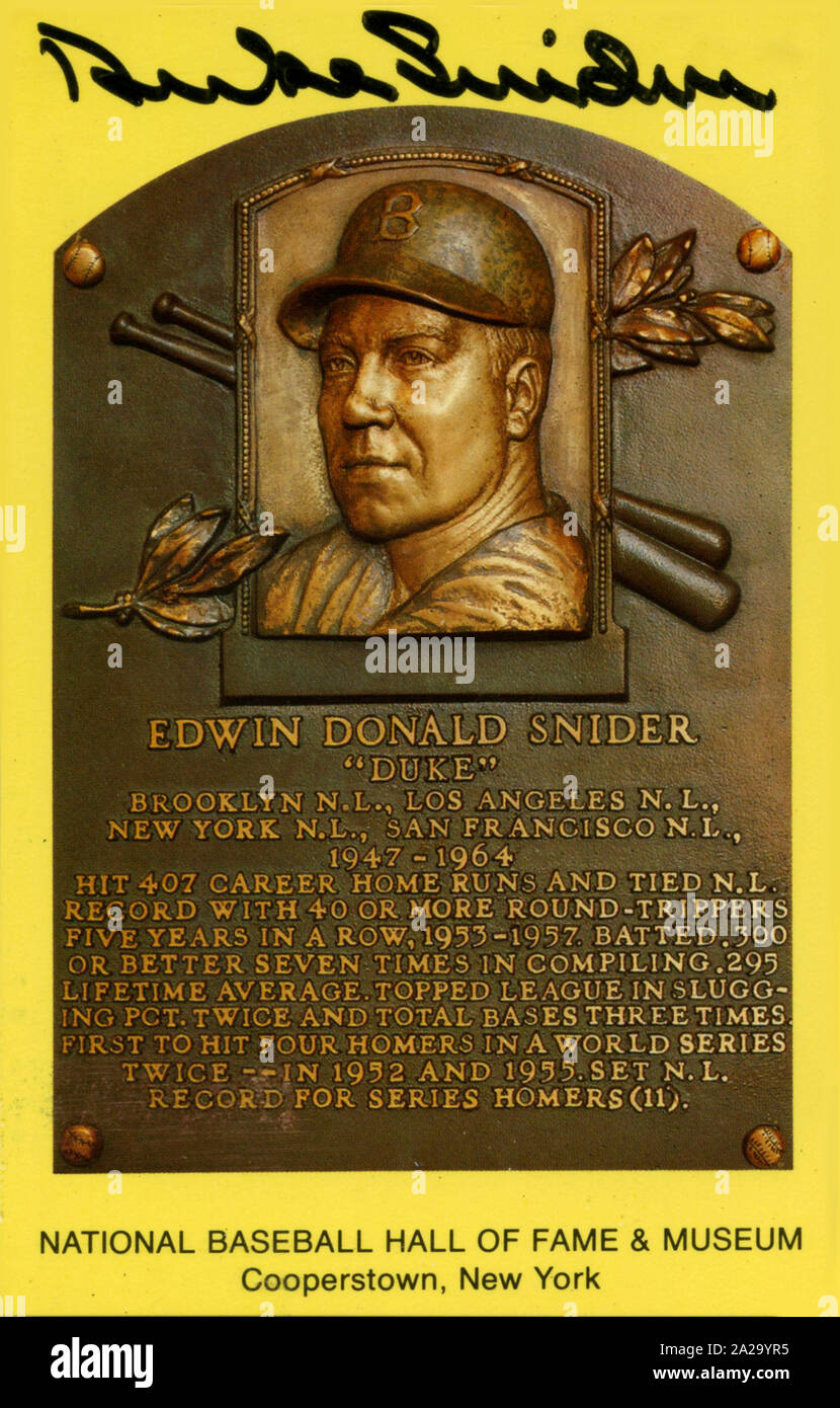 National Baseball Hall of Fame autographierte souvenir Postkarte, die Plakette des Herzogs Snider Stockfoto