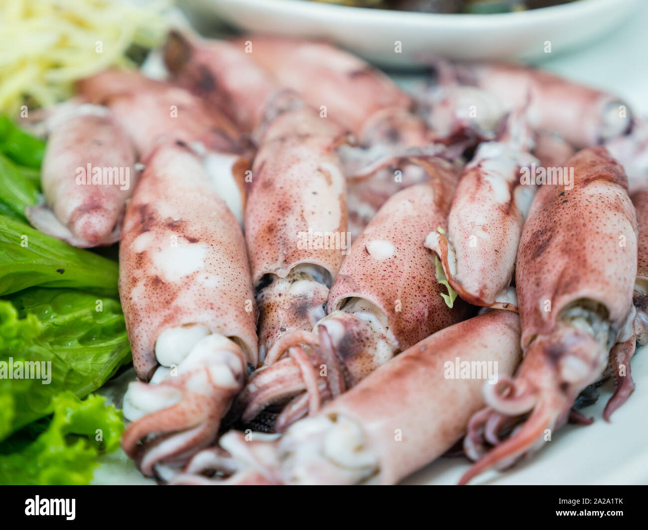 Nahaufnahme von Neritic Tintenfisch Salat, aßen in Yilan, Taiwan Stockfoto