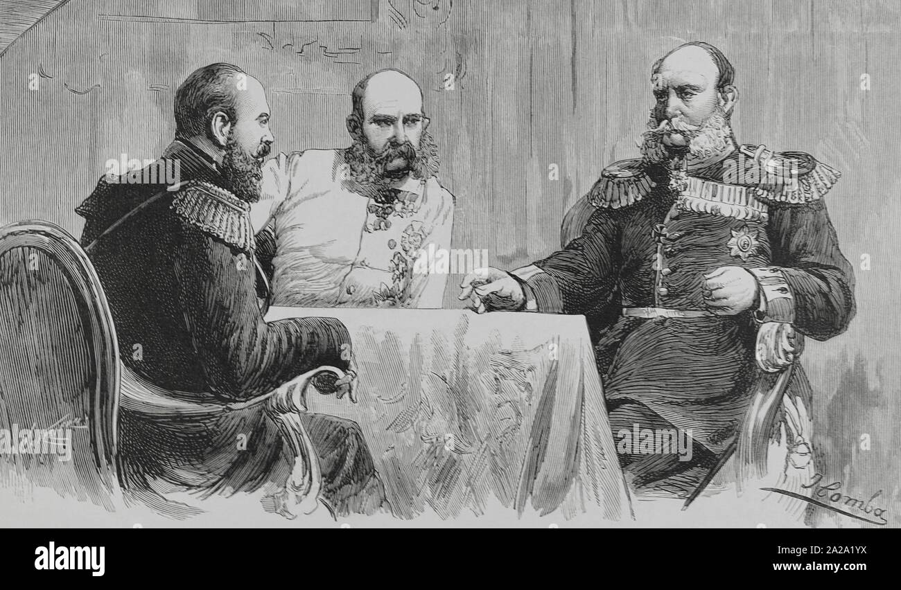 Polonia. Conferencia imperial en Sosnowiec (varsovia). La Tarde del 16 de Septiembre de 1884, Los emperadores Alejandro III (rusia), Francisco José (Österreich), Guillermo I (Alemania) y sus respectivos ministros, Otto von Bismarck (Alemán), Nicholas Giers (ruso) y Gustave Kalnoky (austríaco) se reunieron en El Palacio de Tarnow, propiedad del Zar. Allí mantuvieron conversaciones sobre Relaciones y políticas mútuas relacionadas con la independencia polaca. Los tres emperadores conversando. Dibujo por Juan Comba. Grabado por Arturo Carretero. La Ilustración Española y Americana, 8 de octub Stockfoto