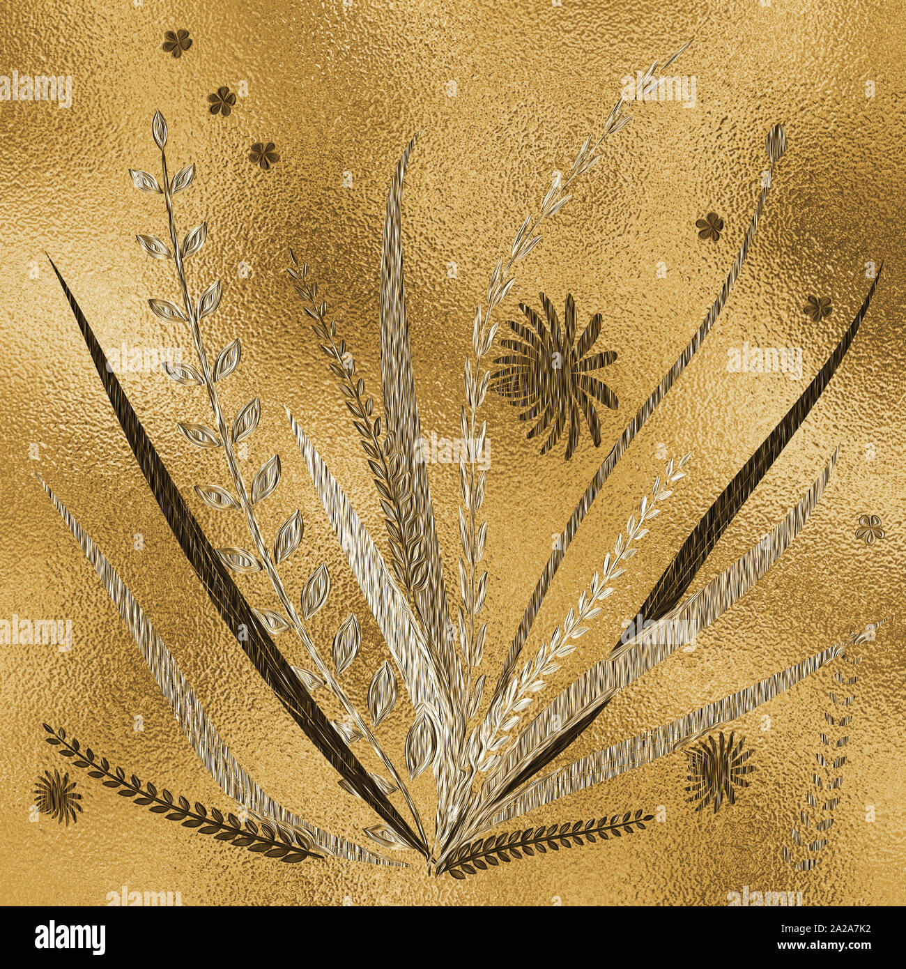 Hand floral Hintergrund gezeichnet. Goldene Metallfolie Oberfläche. Floral Vorlage für Karten, Hintergrund, Einladung, Dekorationen & Grüße. Feder Thema Karte. Stockfoto