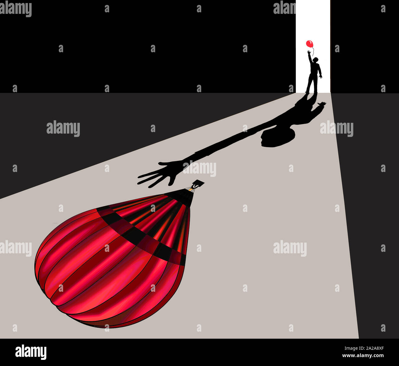 Silhouette und Schatten der Person erreichen für Red Balloon Stockfoto