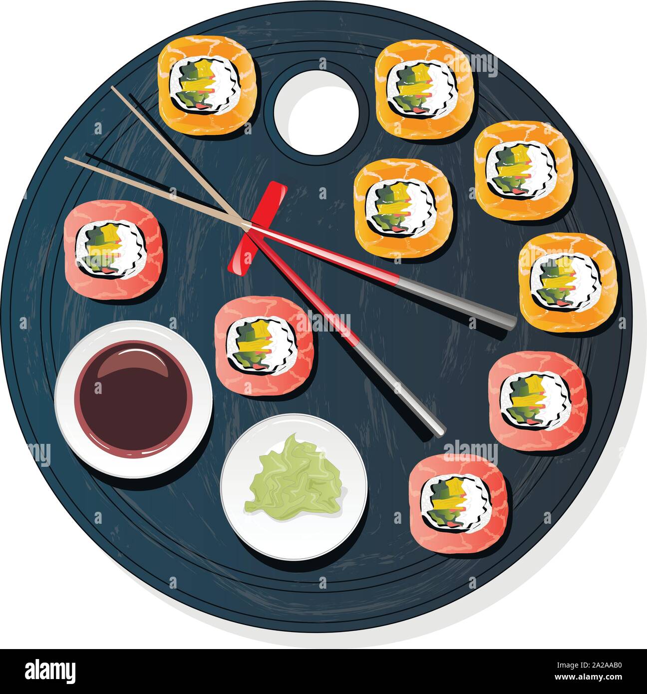 Nigiri Sush seti Abbildung isoliert. Ansicht von oben. Stock Vektor