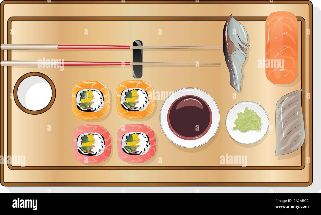 Nigiri Sush seti Abbildung isoliert. Ansicht von oben. Stock Vektor
