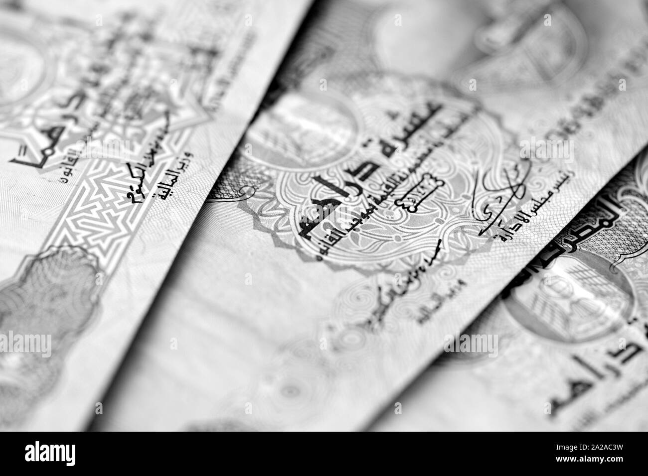 Vereinigte Arabische Emirate Dirham hautnah. Monochrome Geld Hintergrund Stockfoto