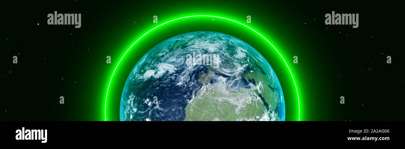 Rettung des Planeten Konzept mit einem hellen Grün Barriere um die Erde Stockfoto