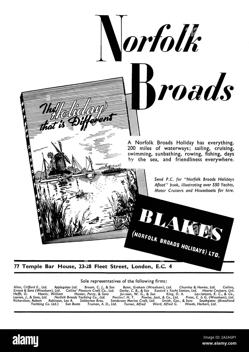 Anzeige für Blakes Norfolk breiten Urlaub, 1951. Die Werbung behauptet, dass mit 200 Meilen der Wasserweg zu Kreuzfahrt oder einen Urlaub segeln in Norfolk Anders' werden würde und es gibt ein Bild Ihrer Broschüre. Stockfoto