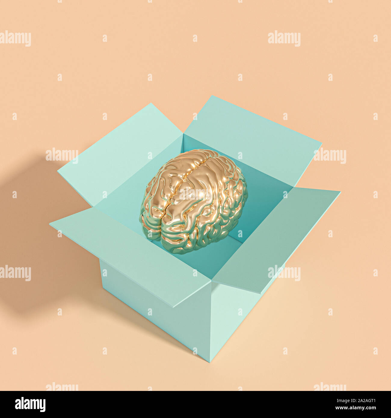 Gold Human Brain in a box. Verschiedene, kreatives Denken Konzept. 3D-Rendering Stockfoto