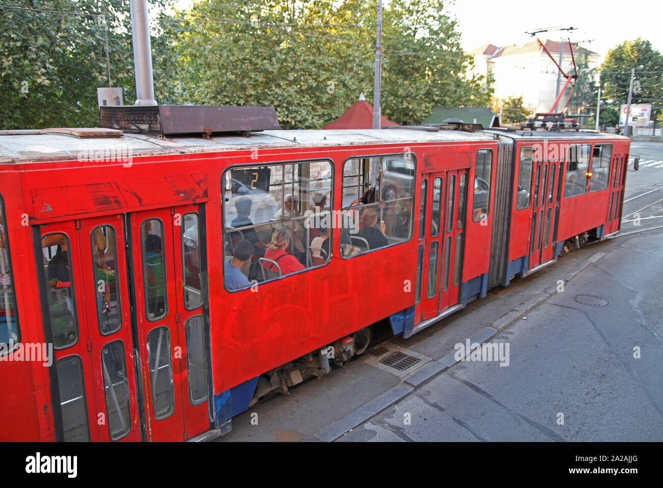 Rote Straßenbahn Straßenbahnwagen auf Schienen auf Tadeusa Koscuska Straße vor der Belgrader Zoo, Belgrad, Serbien. Stockfoto