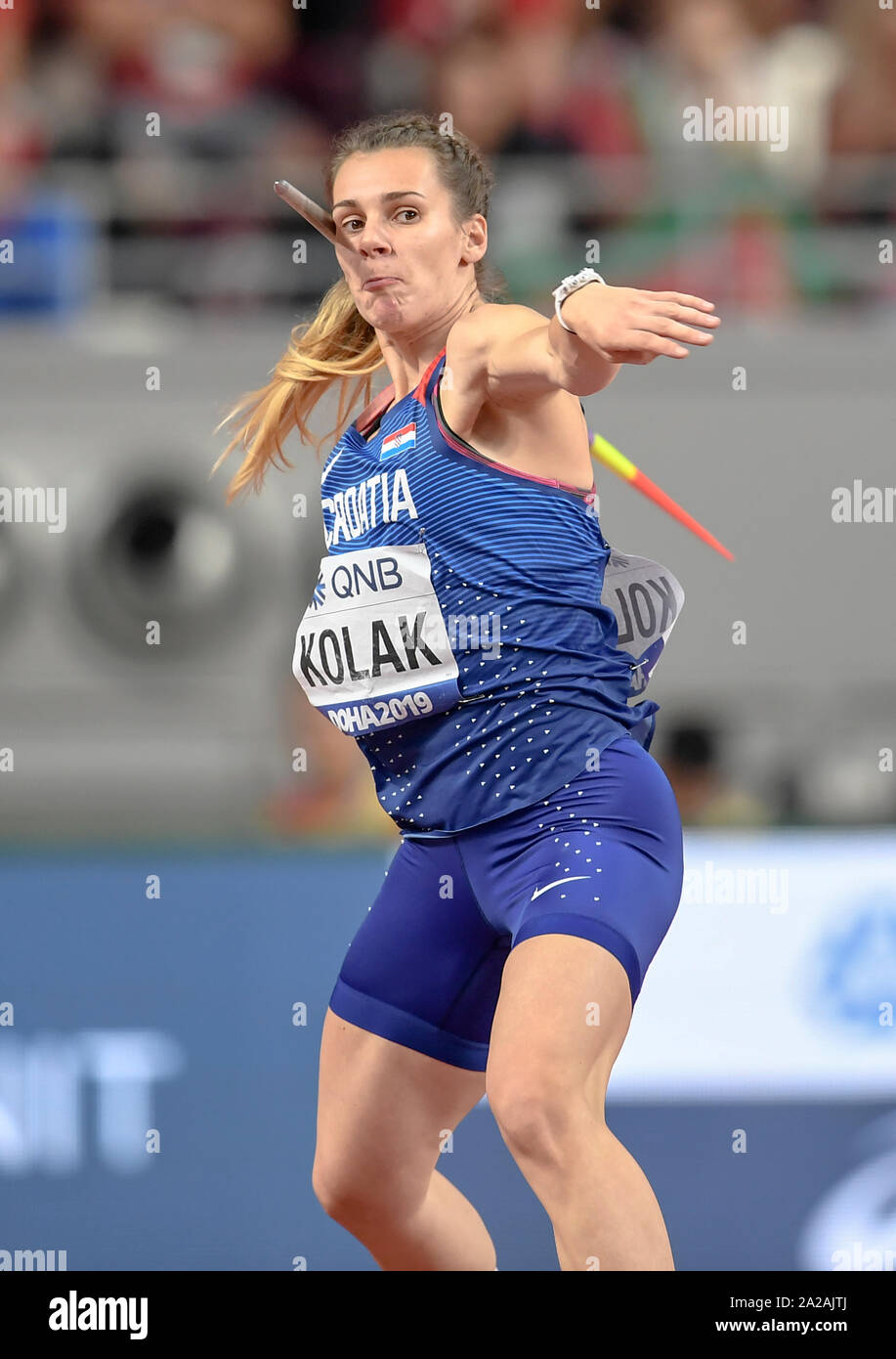 Sara Kolak (Kroatien). Speerwerfen Finale werfen. IAAF Leichtathletik WM, Doha 2019 Stockfoto