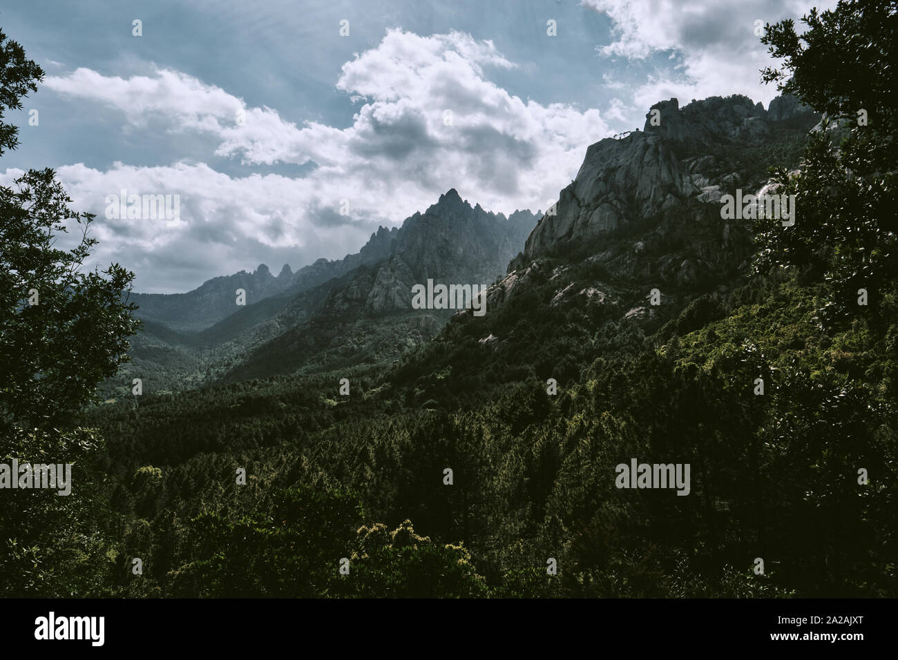 Die Aiguilles de Bavella Gebirge felsige Spitzen aus rotem Granit in der Col de Bavella Berglandschaft des Regionalen Naturparks Korsika Frankreich Stockfoto