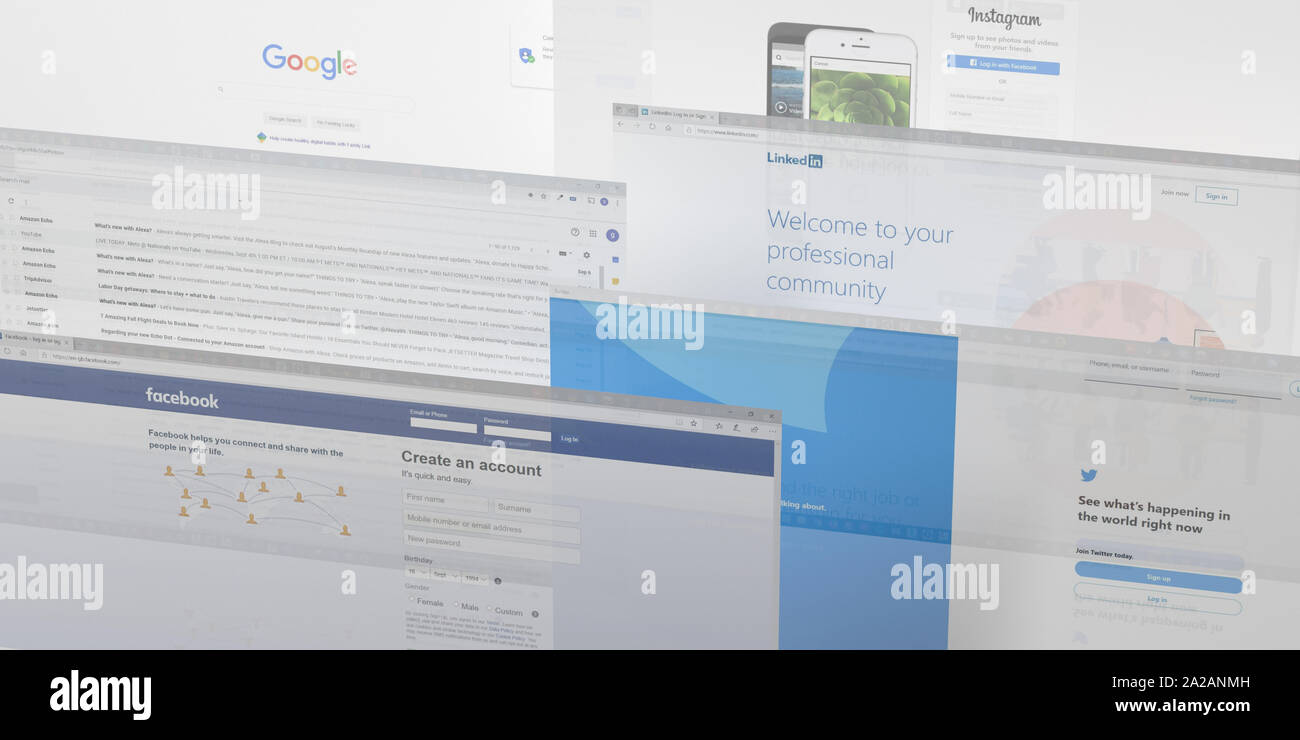 Athen, Griechenland. September 18, 2019. Soziale Medien und Kommunikation Registerkarten Hintergrund Stockfoto