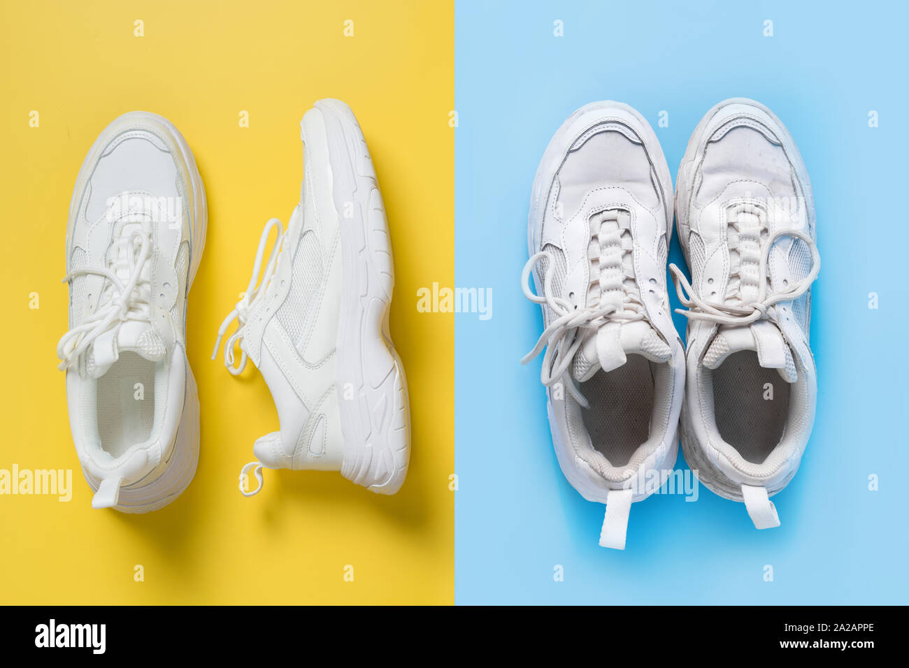 Paar weiße weibliche Sneakers auf Gelb und schmutzigen Schuhe auf Blau. Flach, Ansicht von oben minimalen Hintergrund. Waschen Konzept. Regelmäßige Pflege über weiße snea Stockfoto