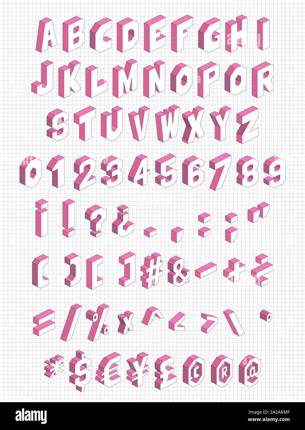 Isometrische Alphabet mit Buchstaben, Zahlen, Orthografischen und mathematische Symbole, Icons und so weiter. 71 Symbole Set Vector Illustration. Stock Vektor